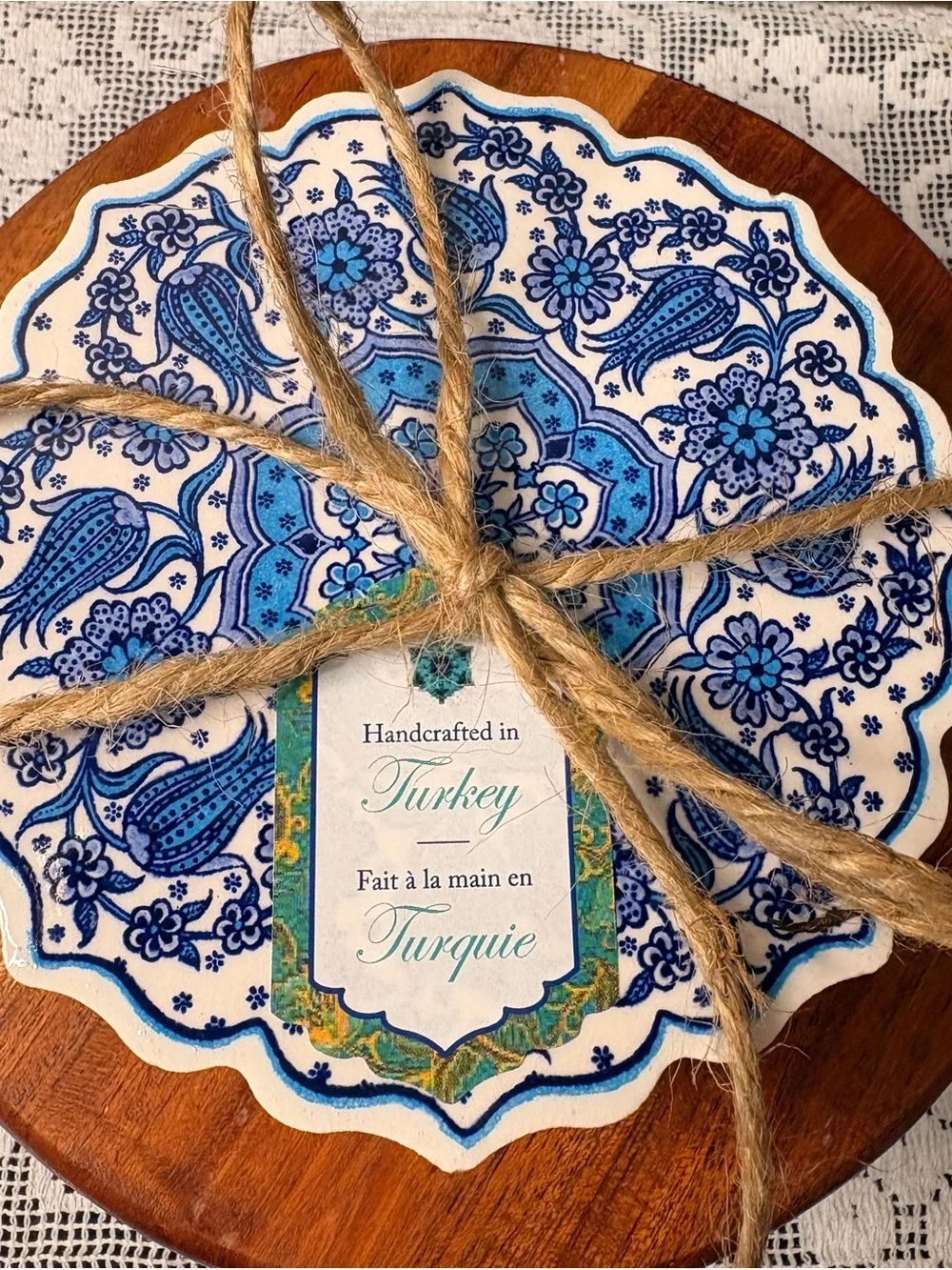 Set of 4 Turkish Ceramic Coasters Made in Turkey Boho Vibe Blue and White NWT